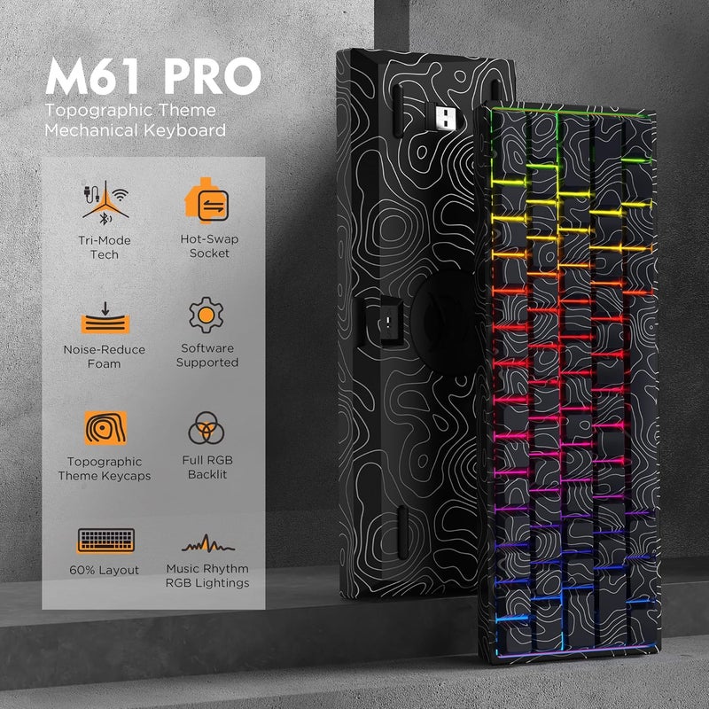 HITIME 60% Percent Keyboard, Topographic Theme Keyboard, XVX M61 Pro Bluetooth/2.4GHz/USB-C Wireless Mechanical Gaming Key Board, Hot Swappable Creamy Pre-lubed Switch, RGB - Image 2